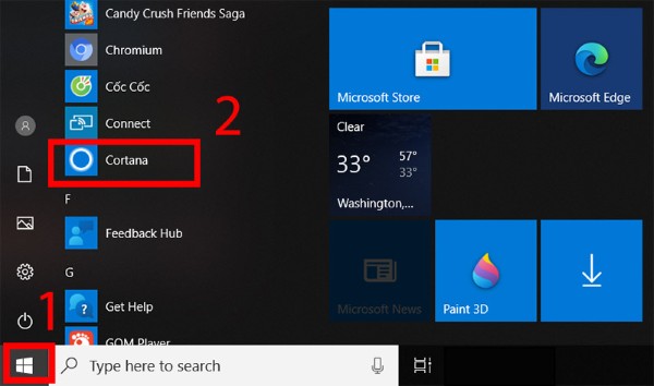 Click vào biểu tượng Windows mở Cortana