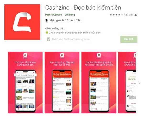 Ứng dụng đọc báo kiếm tiền Online Cashzine