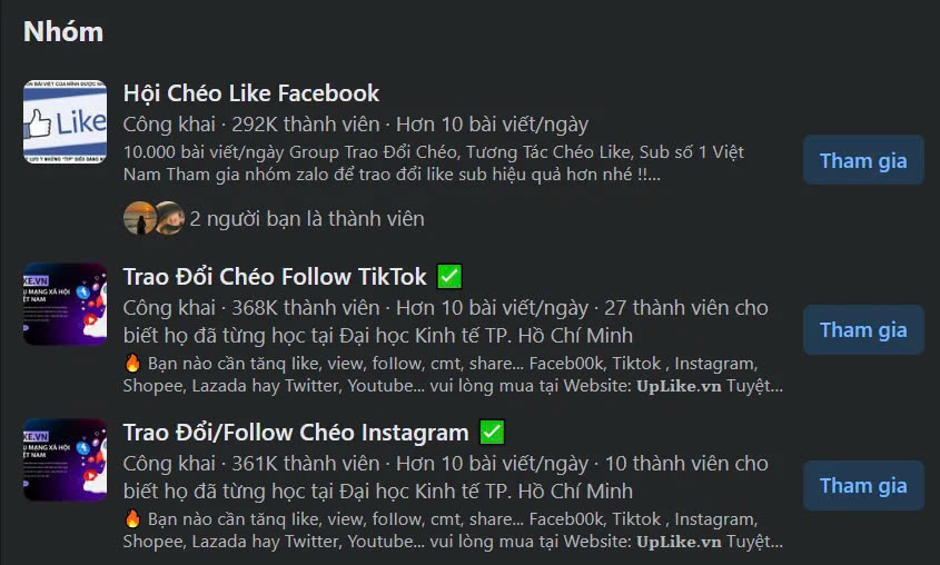 Tham gia các group tăng follow chéo